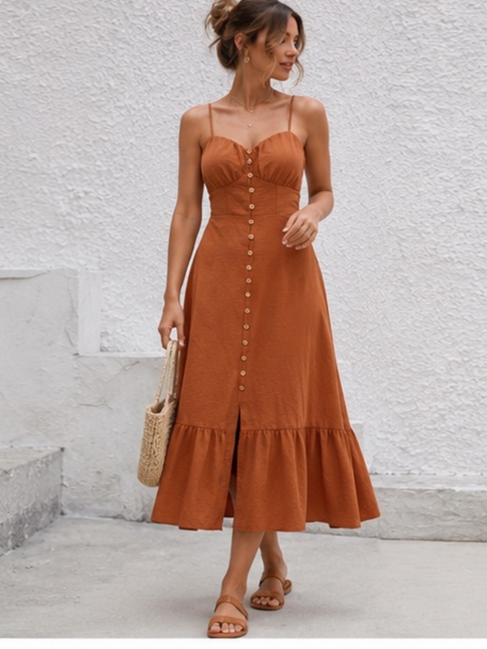 Women's Spaghetti Strap Button-Front Midi Dress in Rust